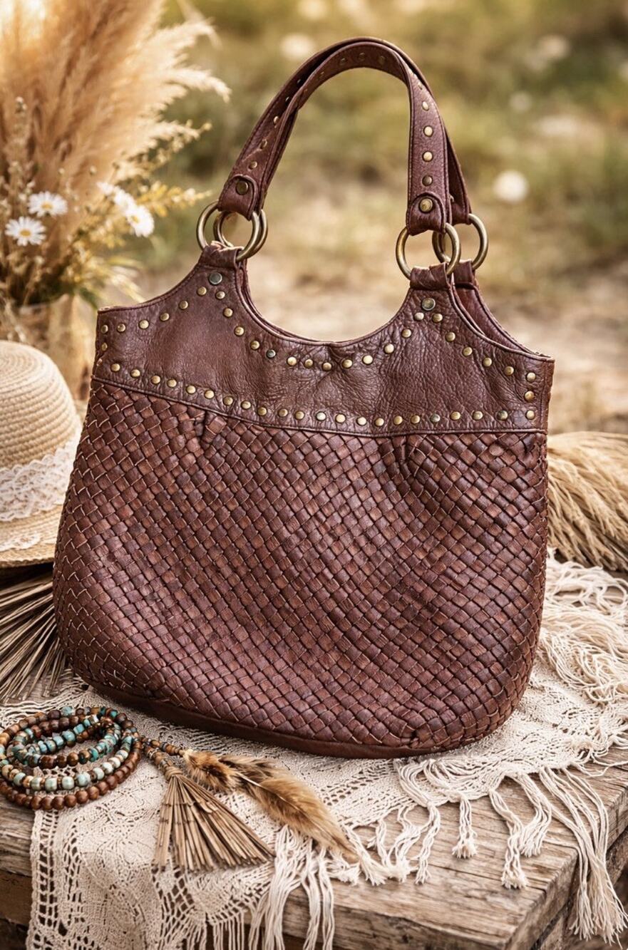 Vintage Brown Leather Basketweave Slouchy Studded Hobo Peasant Chic Dble Strap